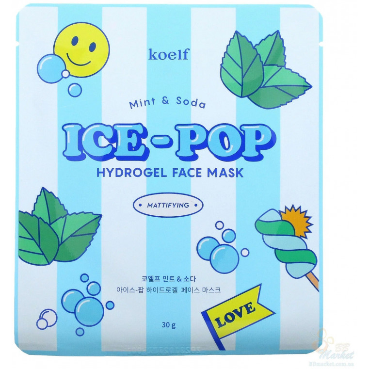 Koelf Ice-Pop Hydrogel Face Mask Mint & Soda Освежающая гидрогелевая маска с мятой и содой 
