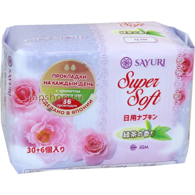Sayuri Super Soft Ежедневные гигиенические прокладки с ароматом зеленого чая, 2 капли, 15 см, 30+6 ш